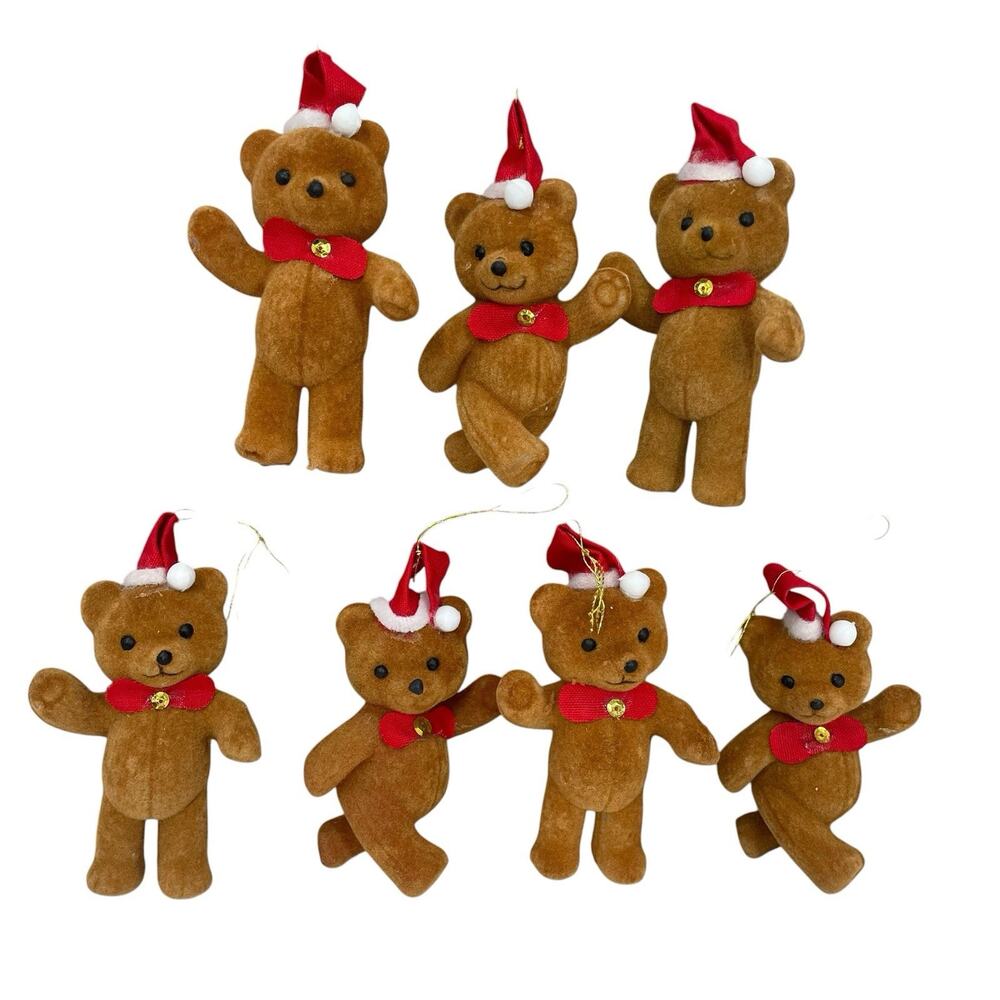 Vintage MCM Lot of 7 Flocked Teddy Bear Christmas Ornaments Whimsical Kitschy